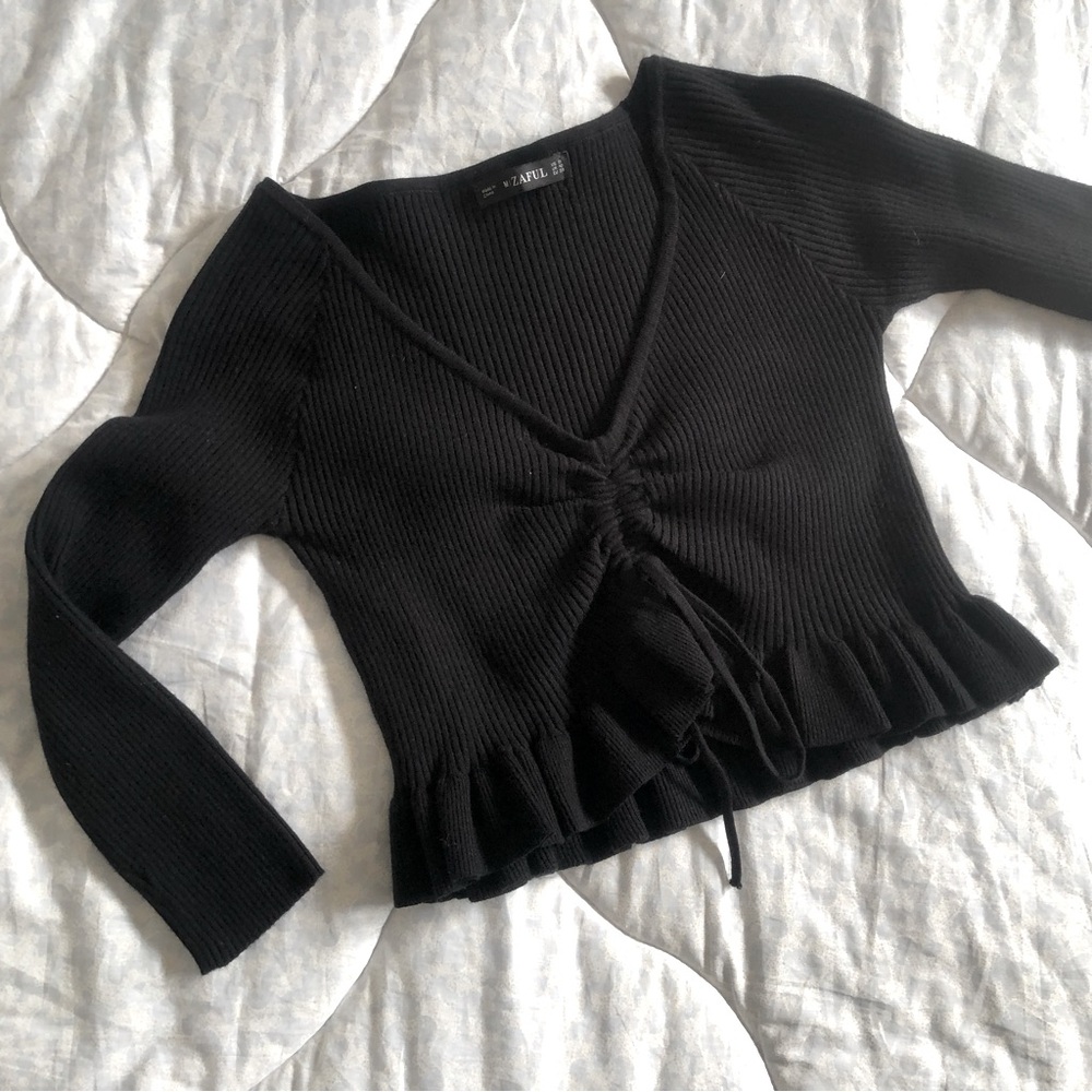 🖤ZAFUL Black Ribbed Ruffle Crop Top Small 🖤